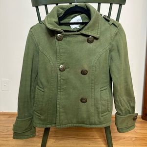 Delia’s green pea coat, extra small, with hood, detailed buttons